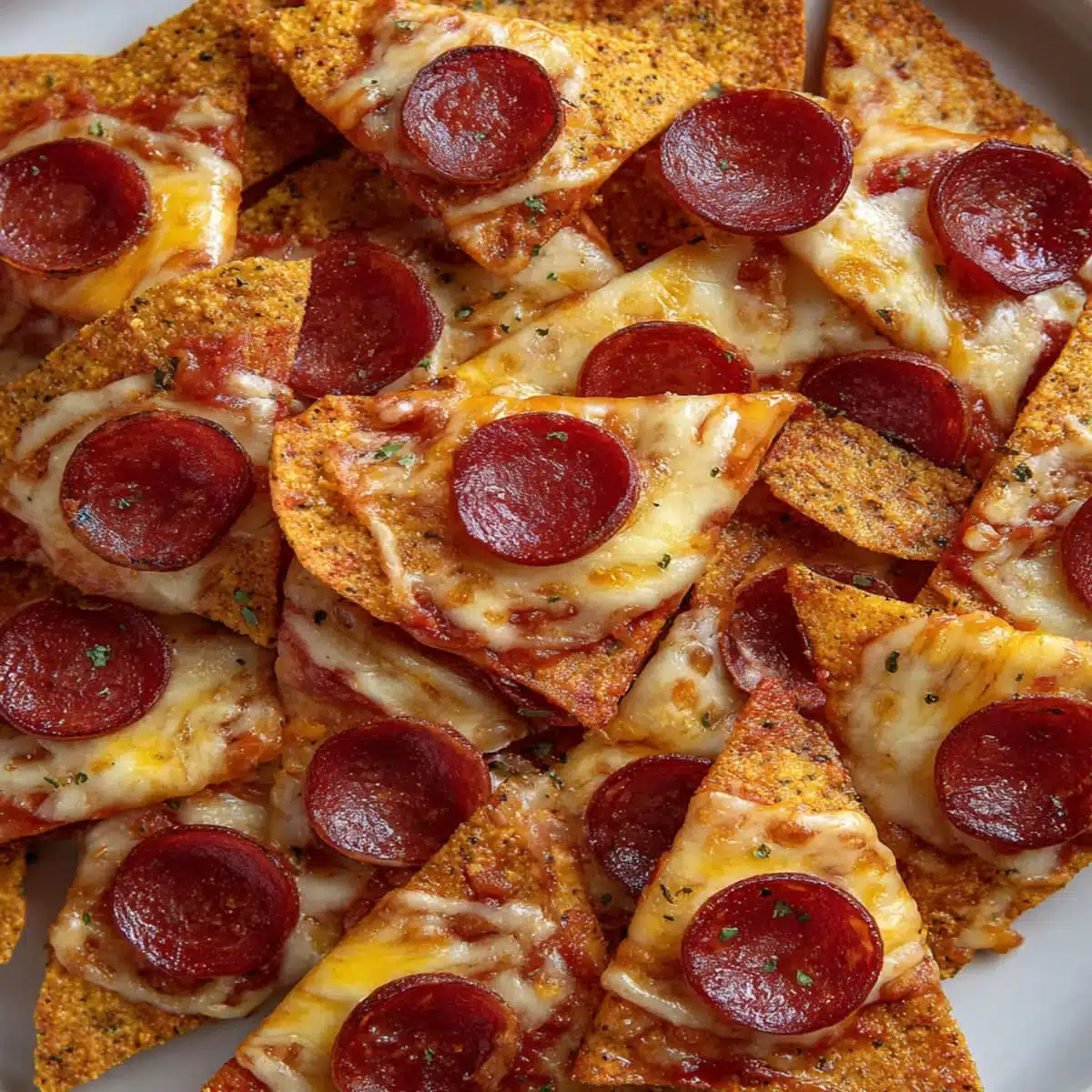 Cheesy tortilla pizza chips with pepperoni served on a white plate