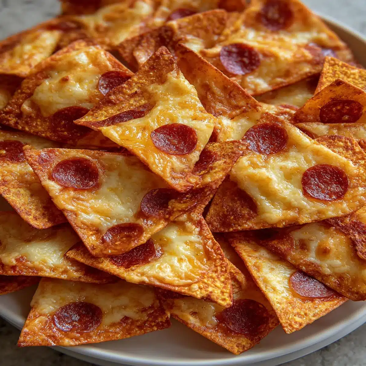 Close-up of crispy pizza chips made with flour tortillas and shredded cheese