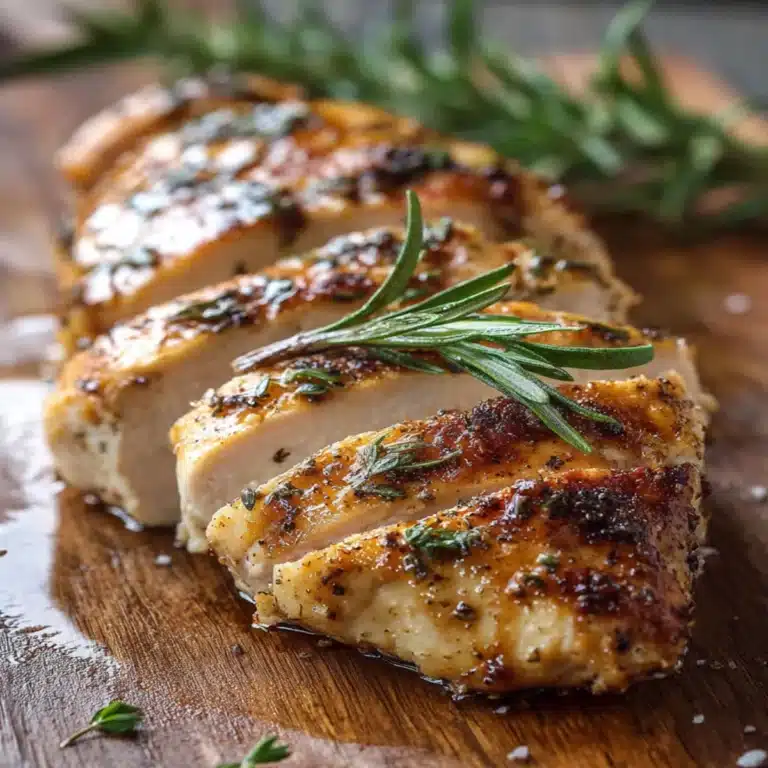 Sous vide frozen chicken breast sliced and garnished with rosemary on wooden board