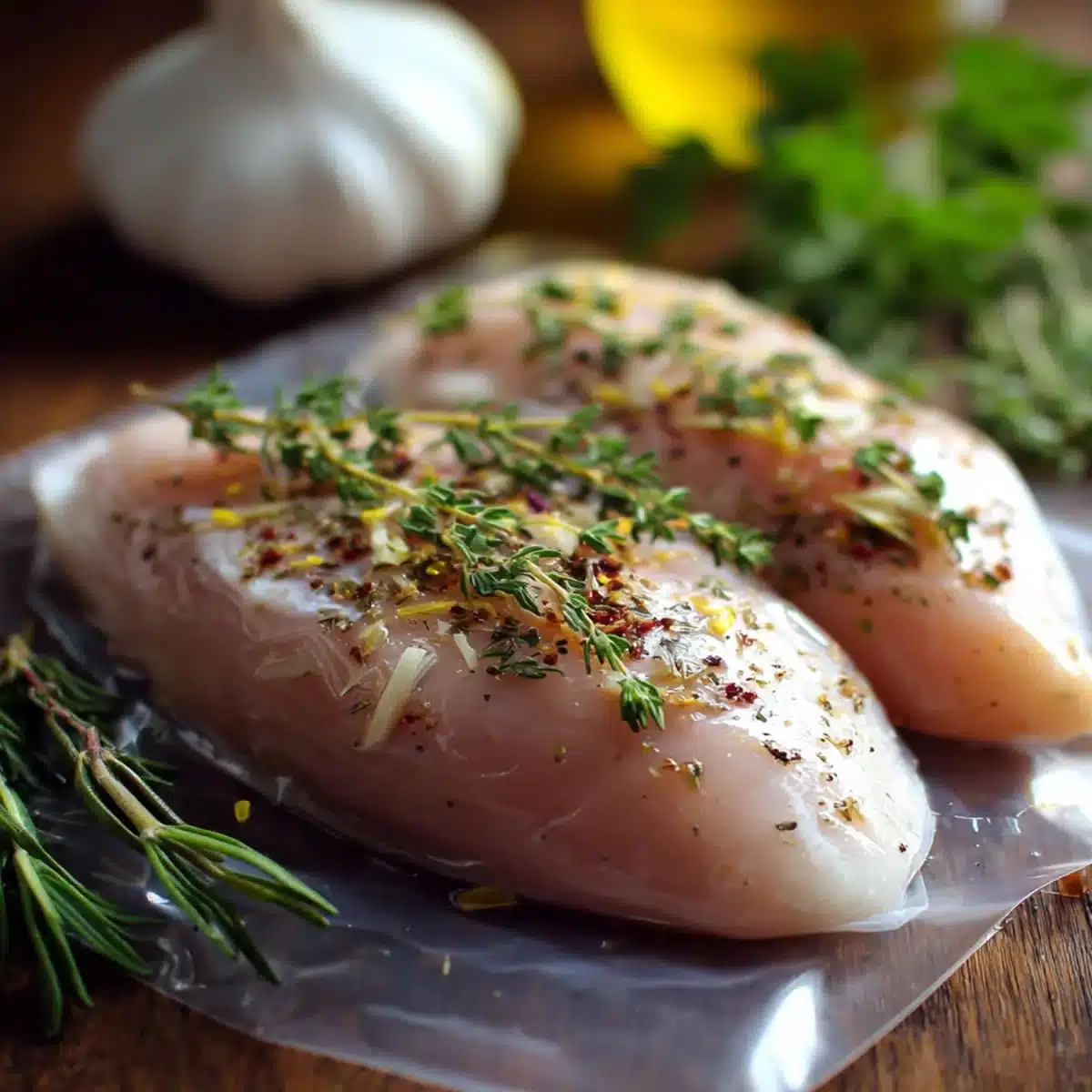 Frozen boneless chicken breast vacuum sealed for sous vide cooking