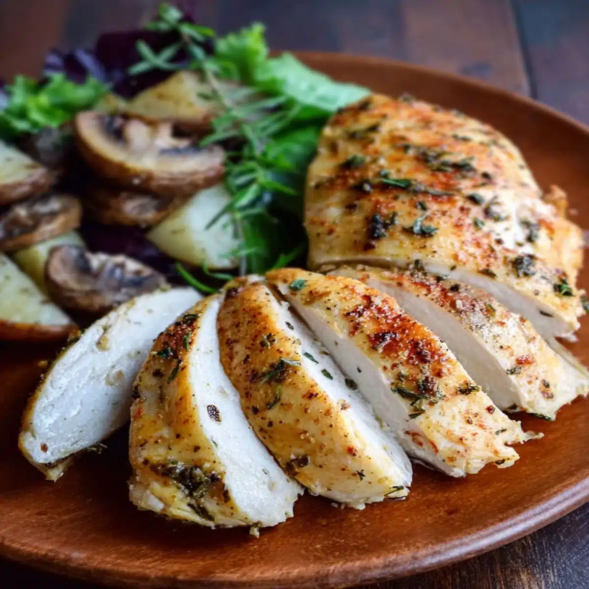 Sous vide frozen chicken breast sliced and served with roasted potatoes, mushrooms, and greens