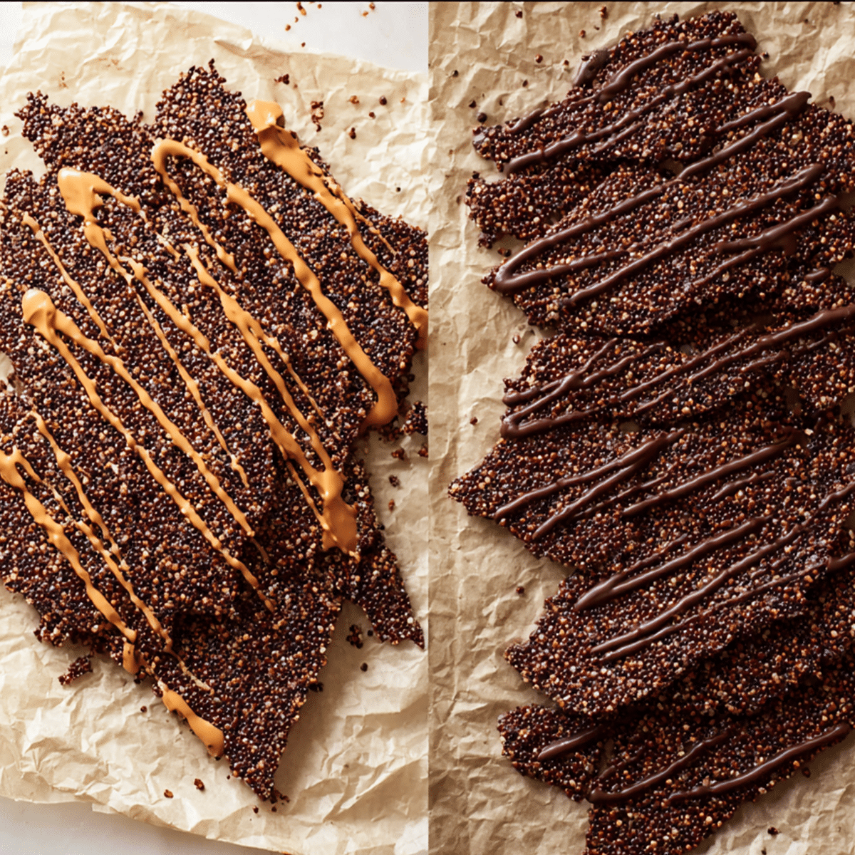 Chocolate quinoa crisps broken into pieces on parchment paper with peanut butter drizzle - homemade healthy snack recipe