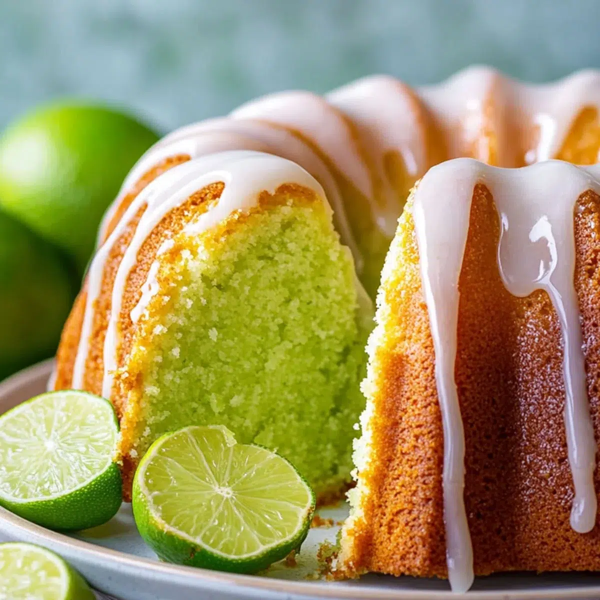 Close-up of key lime pound cake with lime glaze and fresh lime slices.