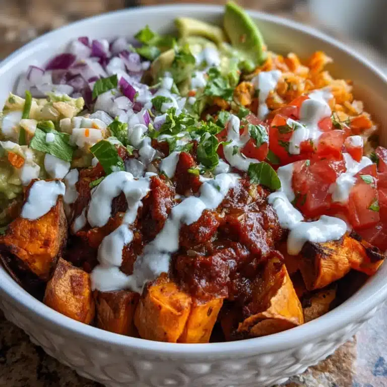 Sweet potato taco bowls with roasted sweet potatoes, black beans, avocado, cherry tomatoes, salad greens, and creamy cilantro lime dressing — perfect healthy dinner.
