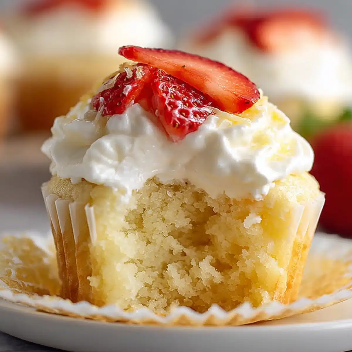Tres Leches Cupcakes topped with whipped cream and fresh strawberries