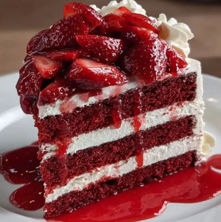 Red velvet cake slice with cream cheese frosting and strawberries