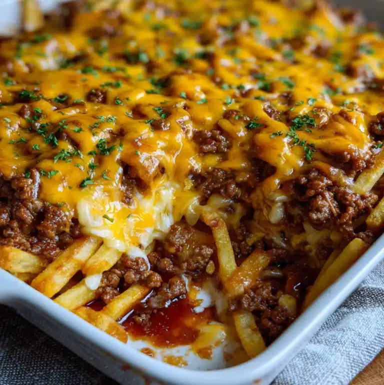 Cheeseburger French Fry Bake topped with melted cheddar and ground beef in a white casserole dish