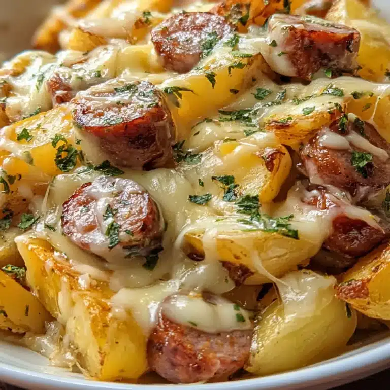 Cheesy ranch potatoes with smoked sausage in a white bowl
