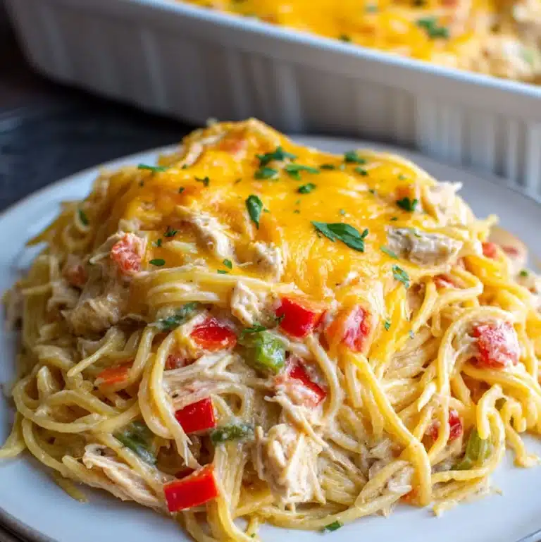 Plated serving of creamy spaghetti chicken casserole with cheddar cheese and bell peppers
