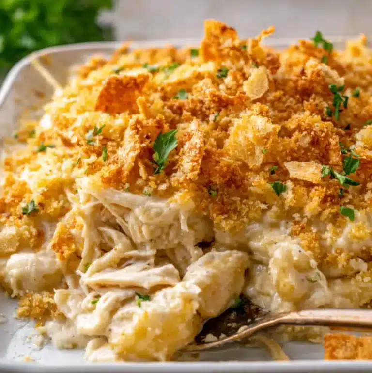 Creamy Ritz Cracker Chicken Casserole with golden topping