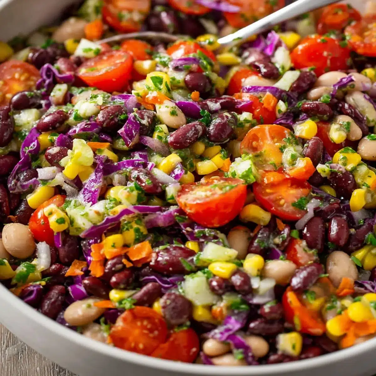 Dense bean salad with black beans, corn, cherry tomatoes, and herbs in a bowl