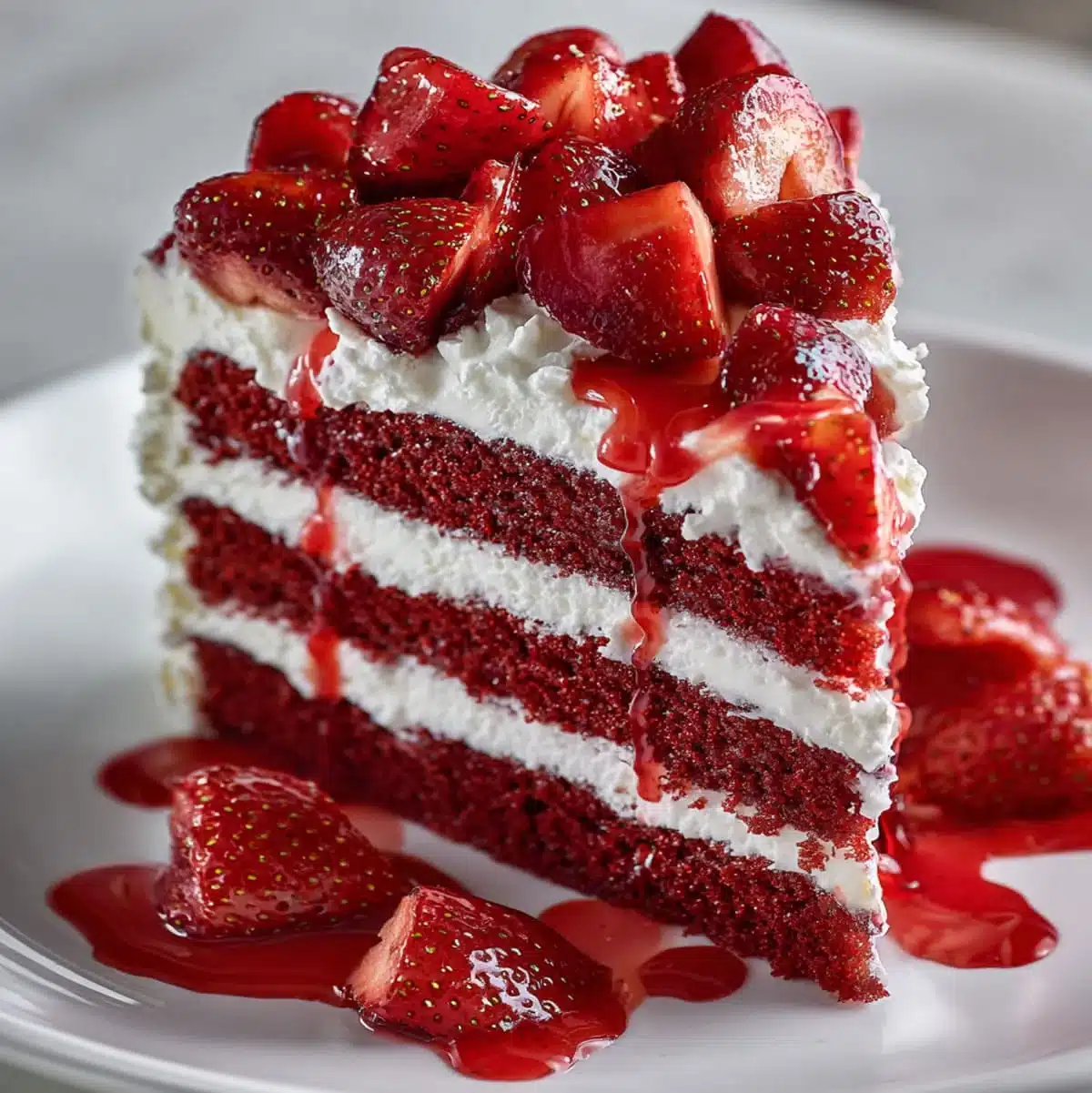 Cream cheese frosted red velvet cake with strawberries