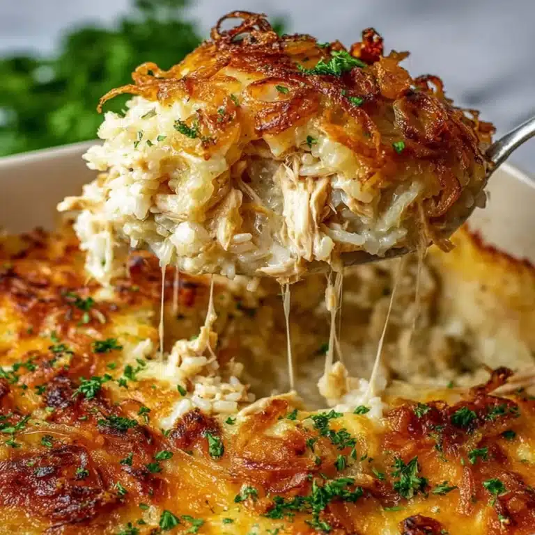 Chicken casserole with melted cheese and crispy onions
