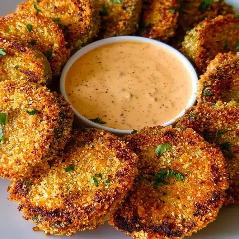 Crispy fried green tomatoes arranged around spicy remoulade dipping sauce
