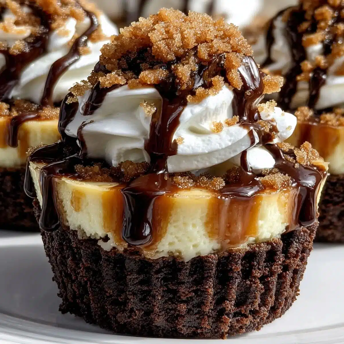 Brownie Cheesecake Cups with whipped cream and chocolate drizzle