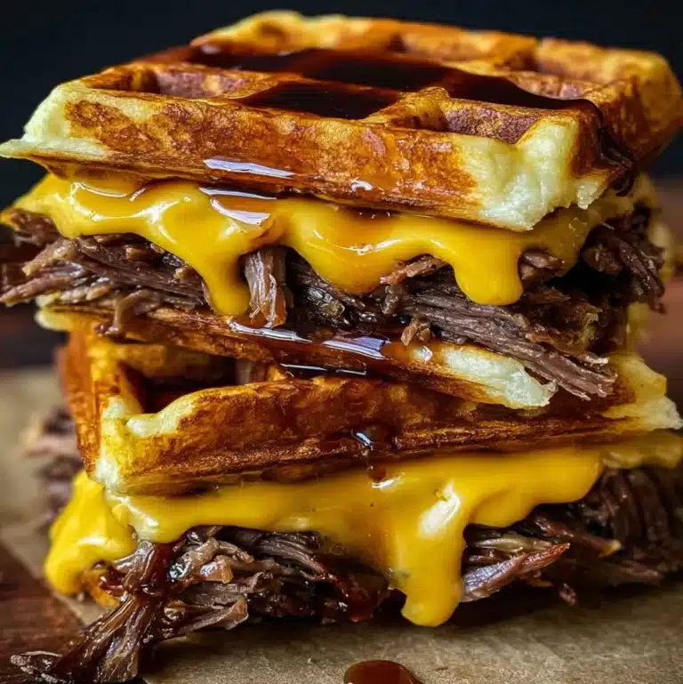 Waffle sandwich with maple brisket and melted cheddar cheese