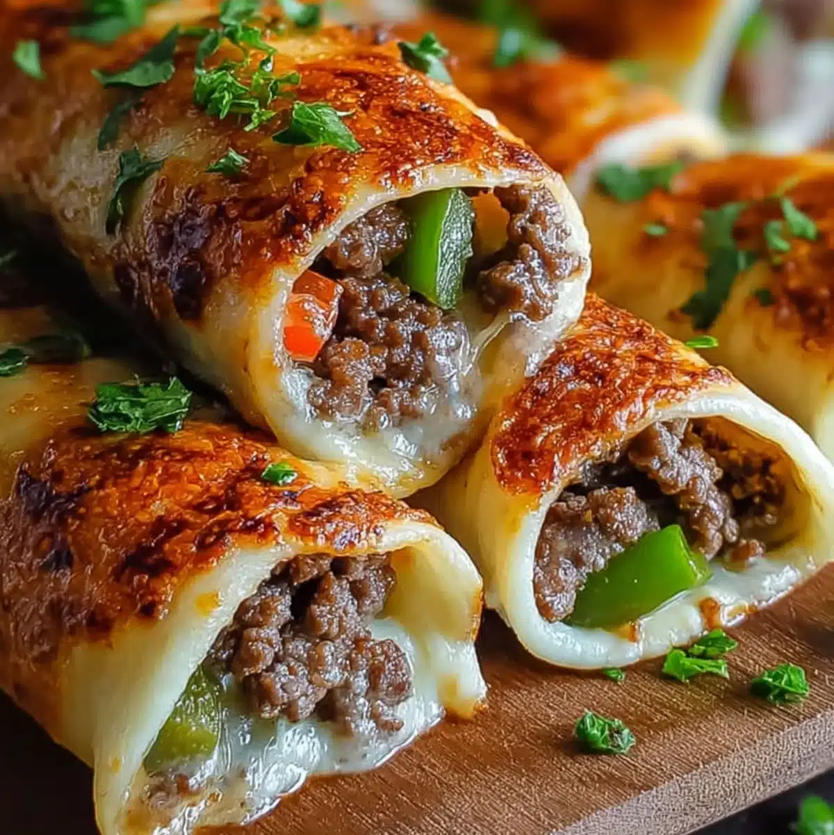 Close-up of keto Philly cheesesteak roll with melted cheese and colorful peppers