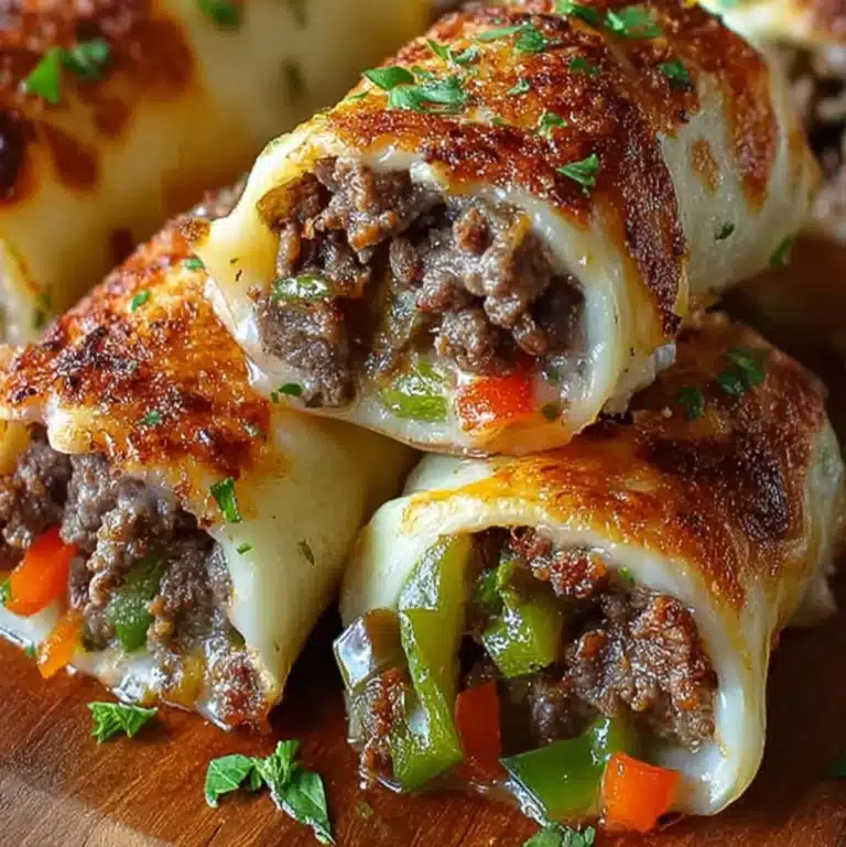 Cheesy keto Philly cheesesteak roll-ups with ground beef, peppers, and melted cheese