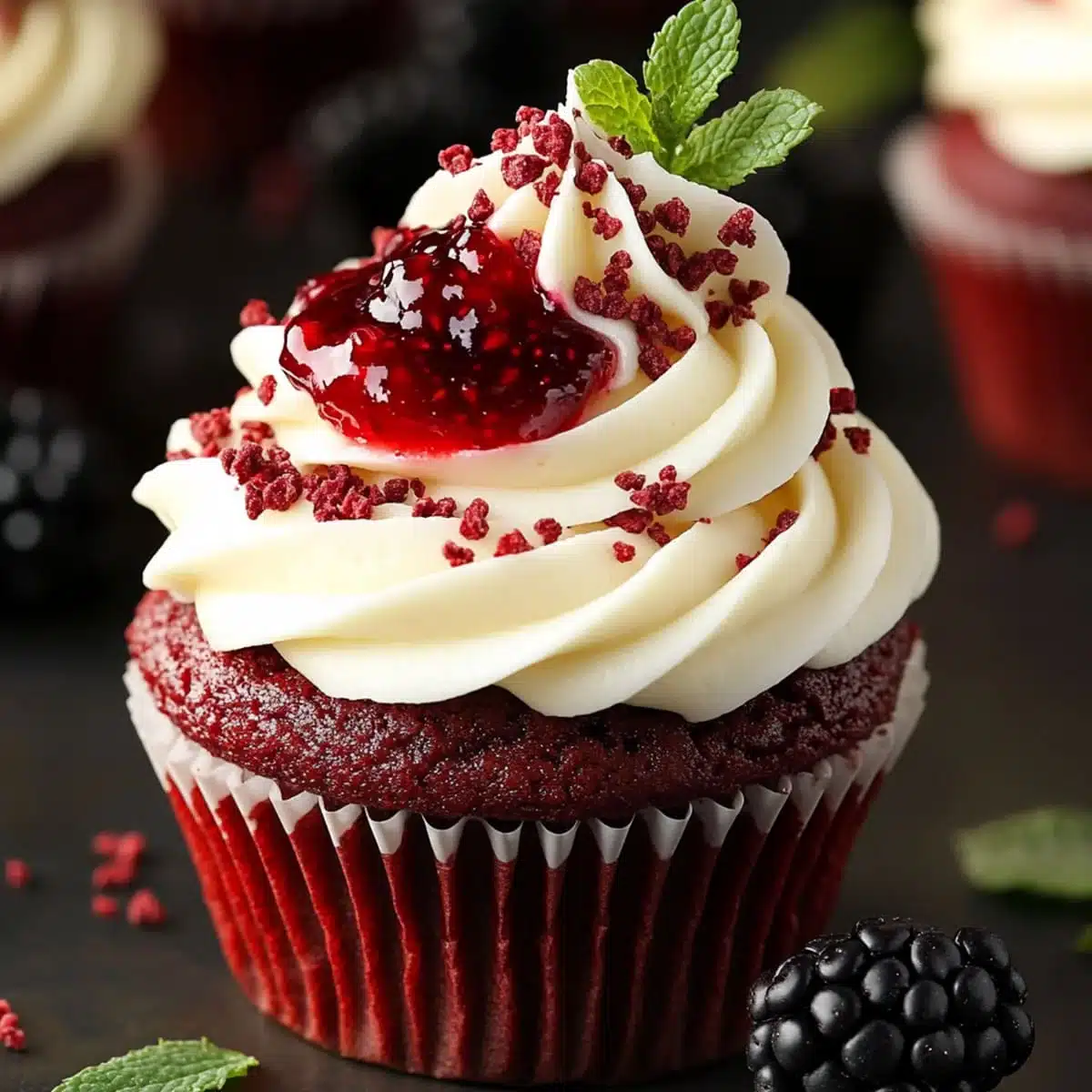 Red velvet cupcake with cream cheese frosting and blackberry jam