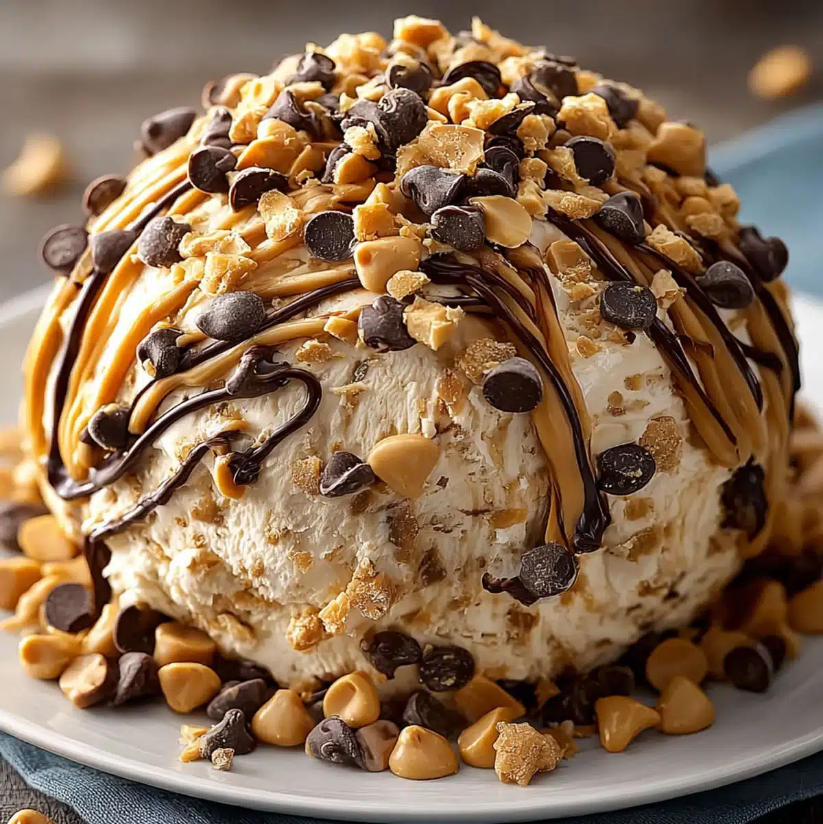 Party-style Reese’s dessert ball covered in butterscotch and chocolate chips