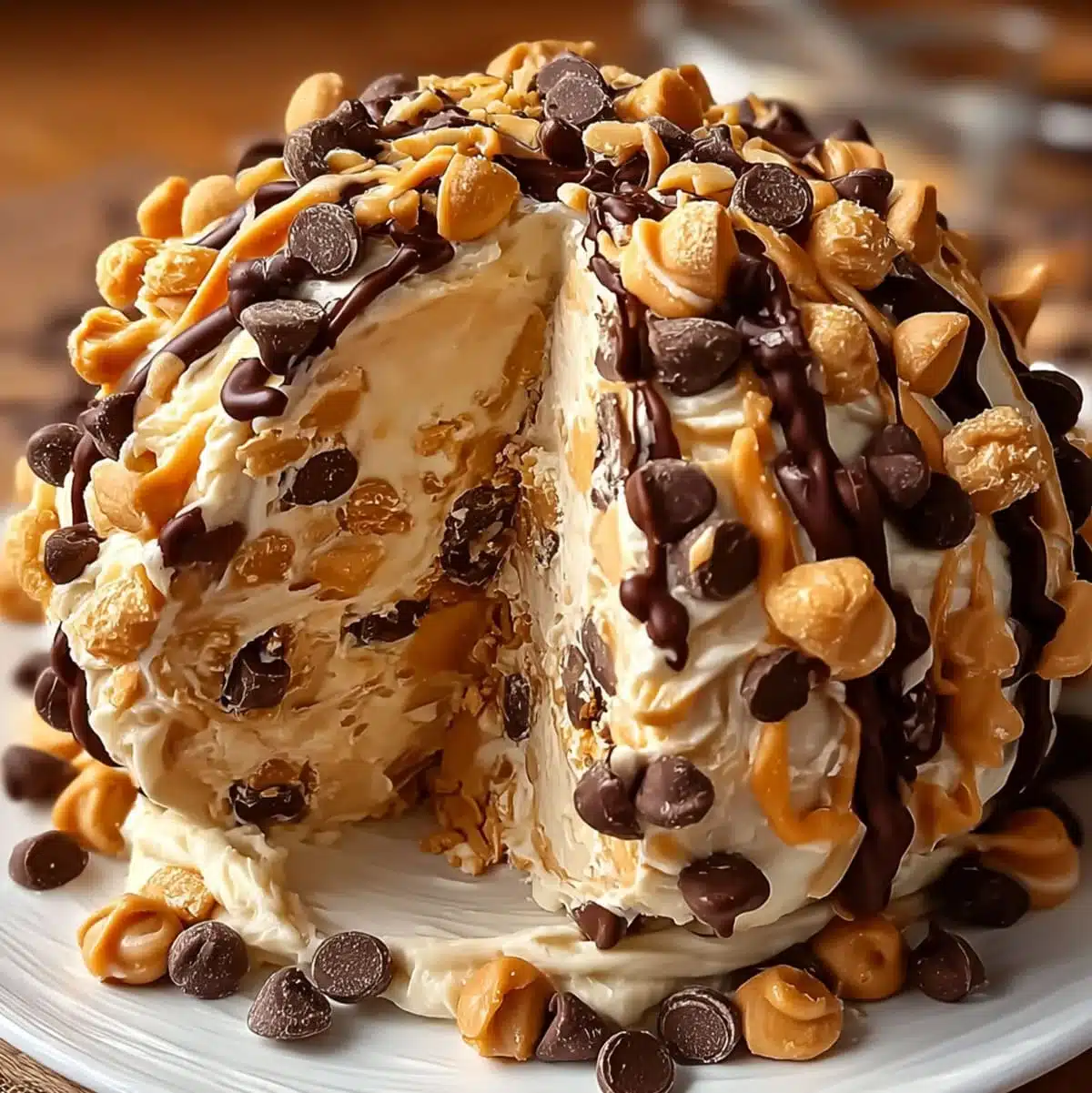 Creamy peanut butter cheese ball with chocolate chips and Reese’s candy
