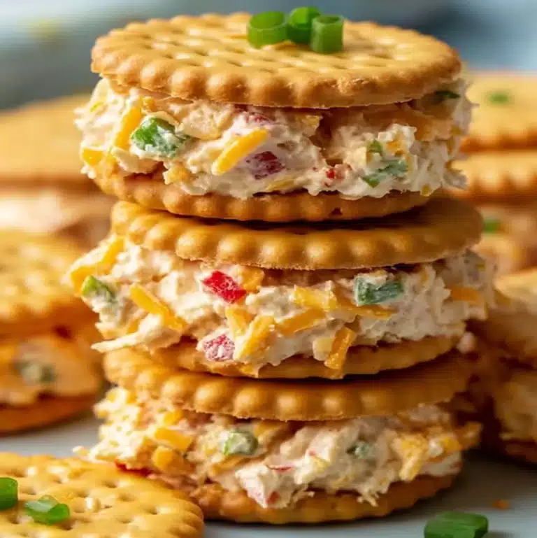 Ritz Crackers stacked with creamy cheese and vegetables