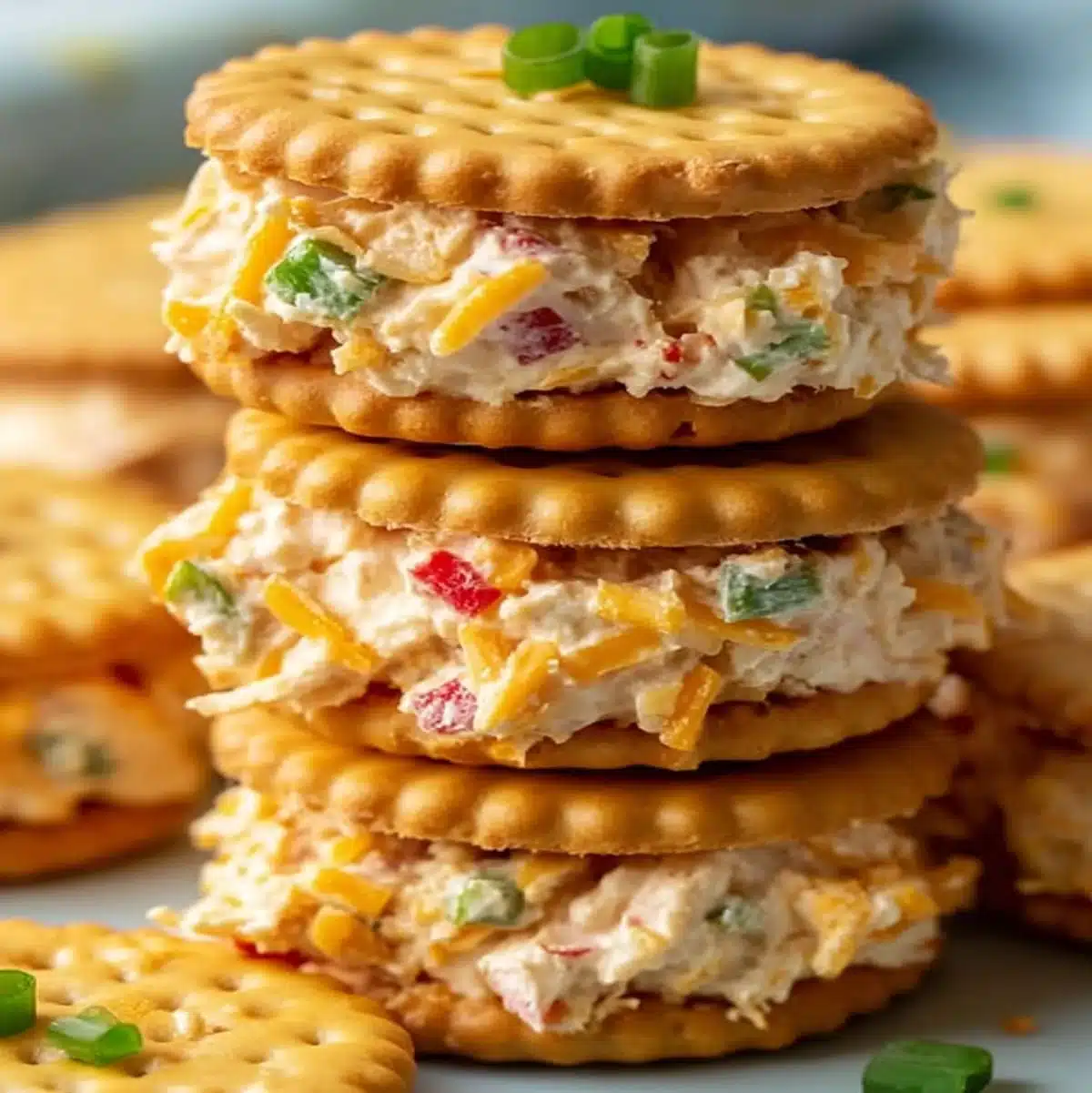 Ritz Crackers stacked with creamy cheese and vegetables