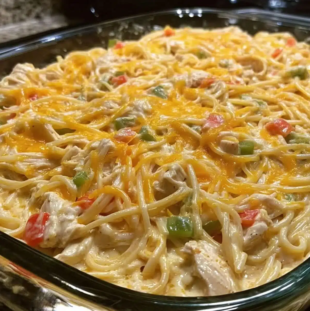 Spaghetti Chicken Casserole | Creamy Family Dinner Idea 6 Easy baked chicken spaghetti casserole topped with melted cheddar and mixed veggies