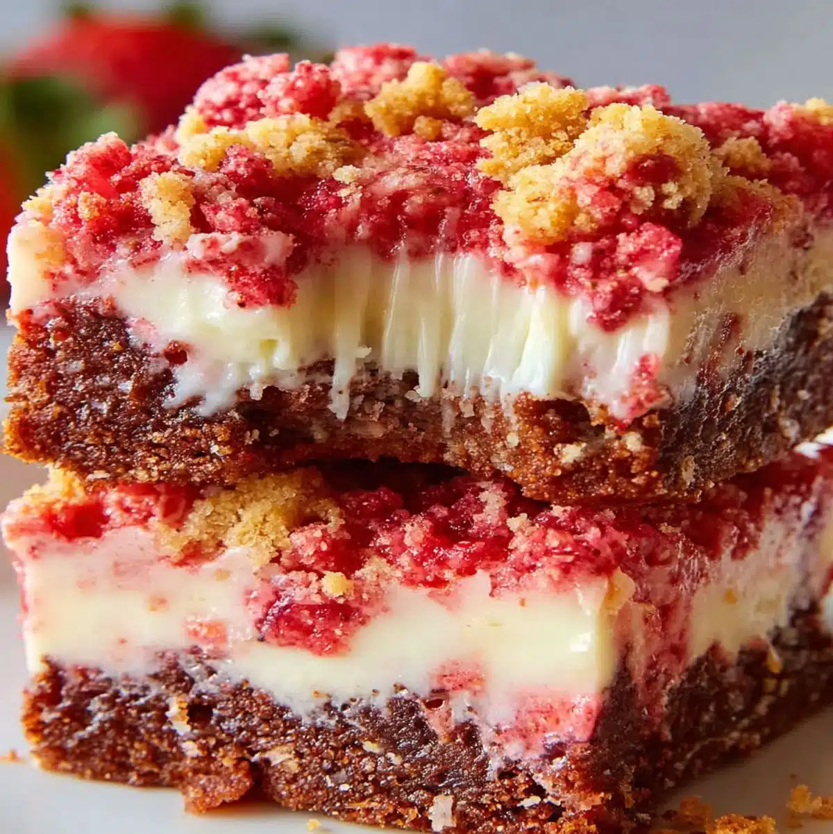 Two stacked strawberry shortcake cheesecake squares on a pink plate