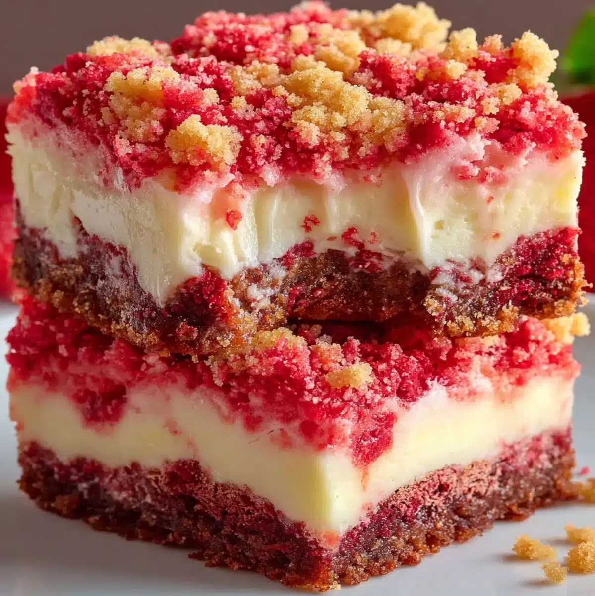 Close-up of Strawberry Shortcake Cheesecake Bars with golden crumble topping
