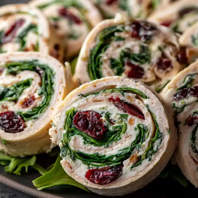 Turkey Cranberry Pinwheels with cream cheese and spinach on a platter