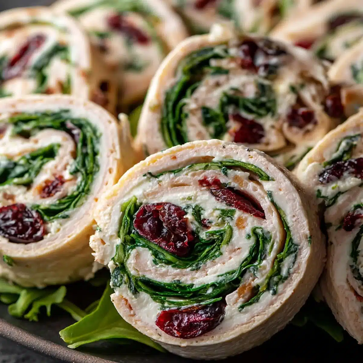 Turkey Cranberry Pinwheels with cream cheese and spinach on a platter