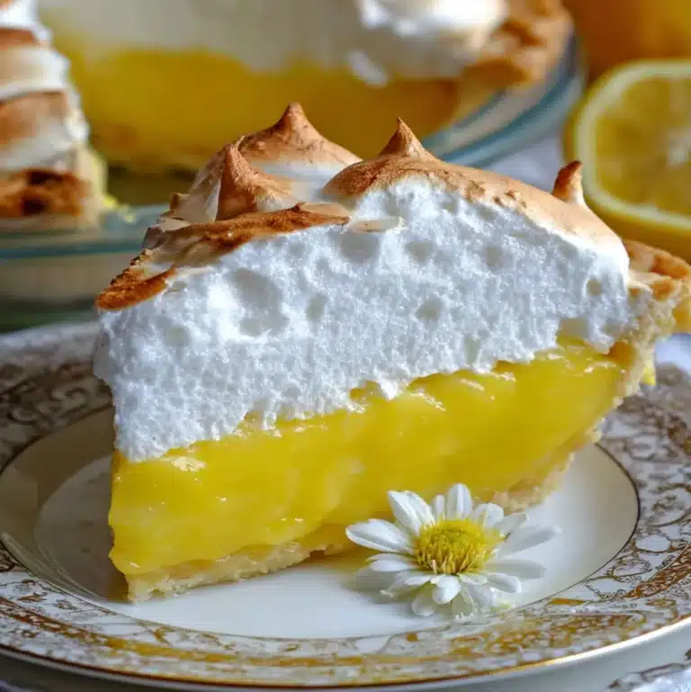 Tangy lemon pie with tall meringue topping on white plate