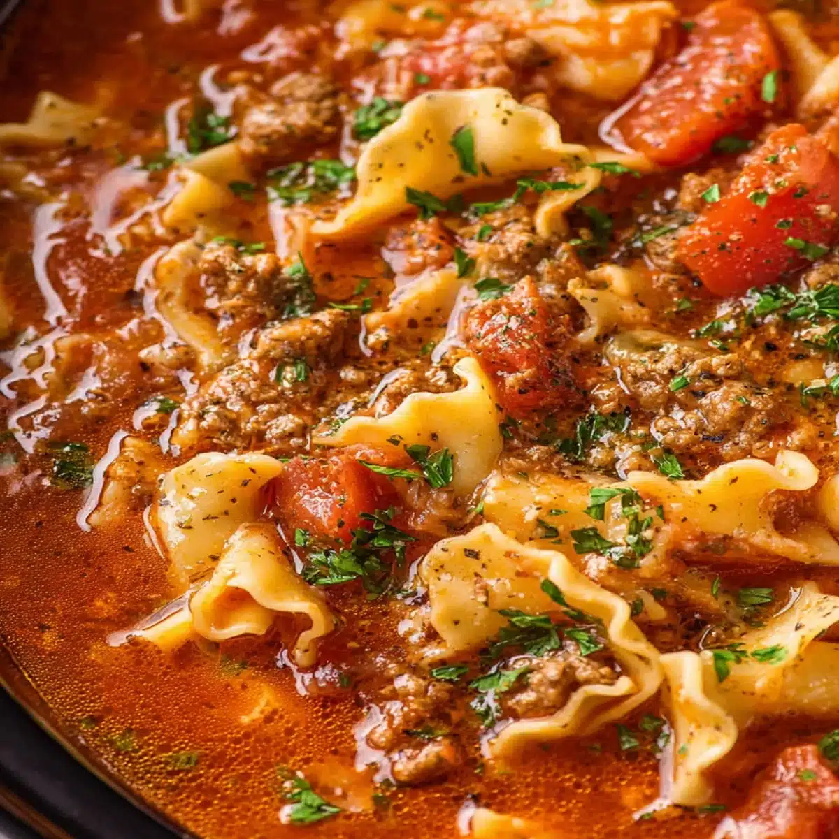 Lasagna soup simmering in a slow cooker with visible noodles and meat
