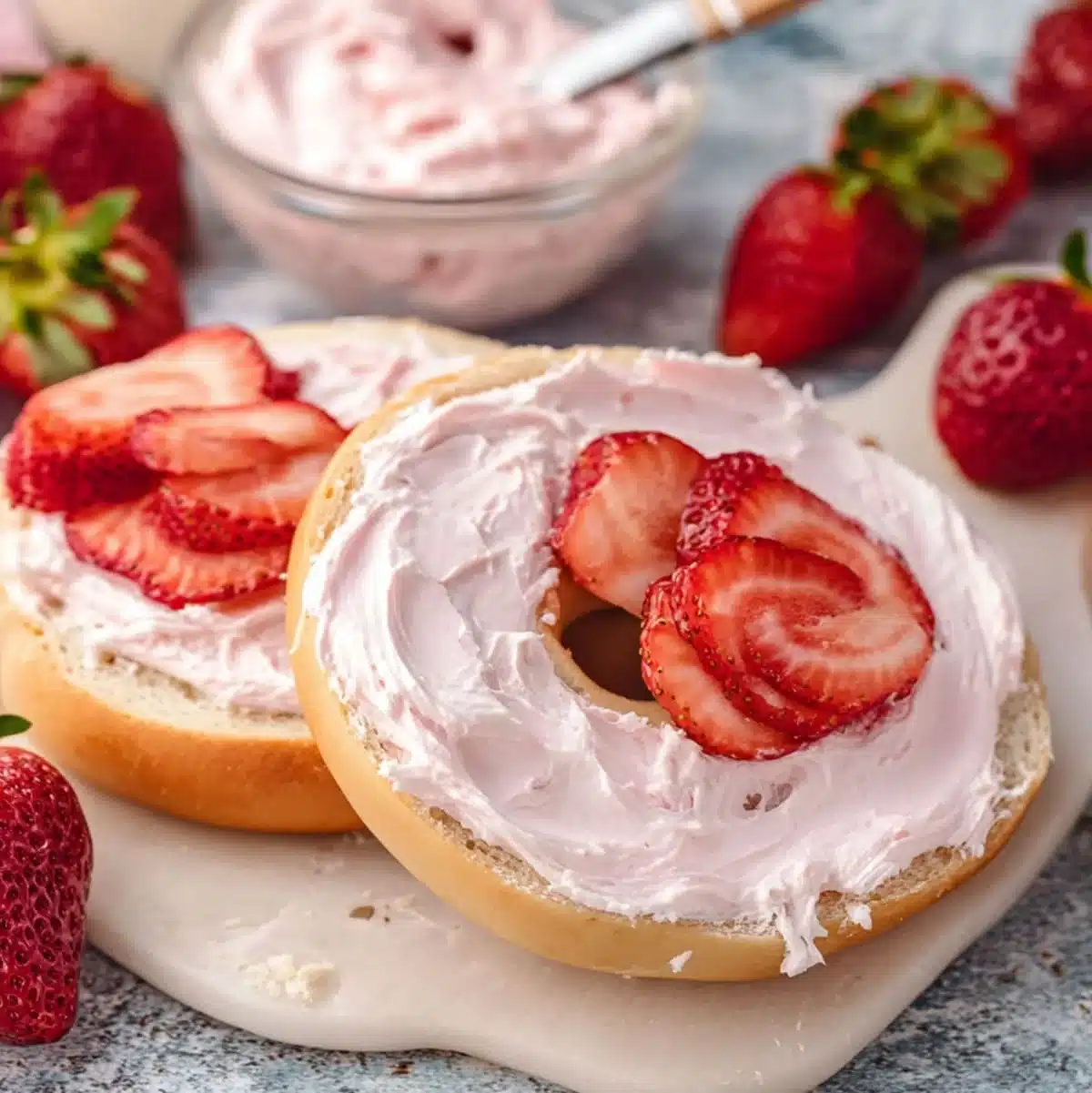Toasted bagel with strawberry cream cheese and fresh sliced strawberries on top
