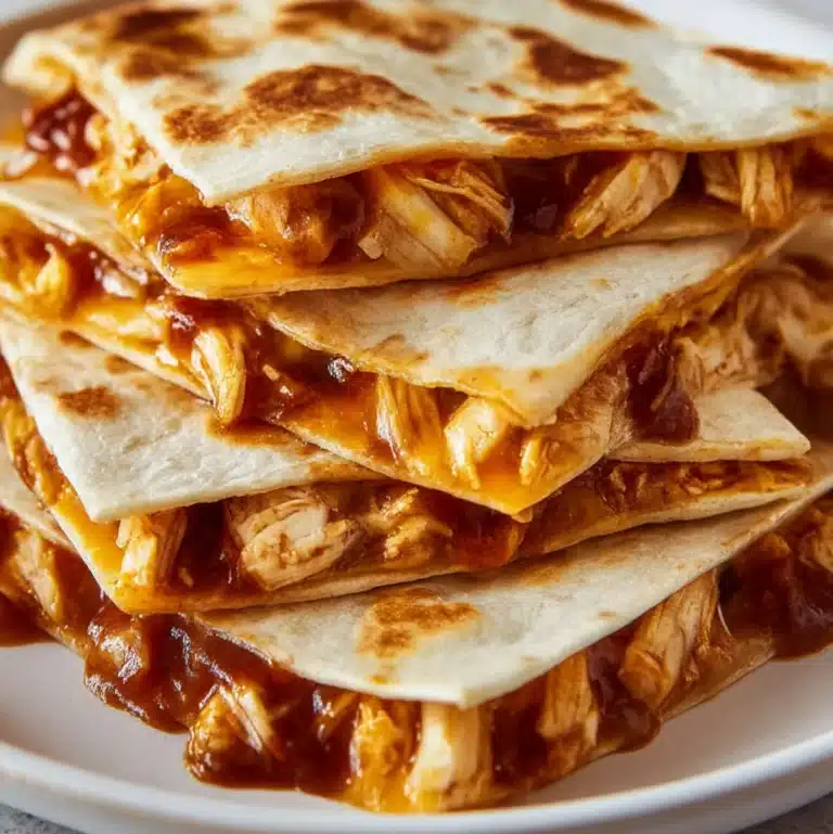 Freshly cooked BBQ Chicken Quesadilla cut into wedges with cheesy filling.