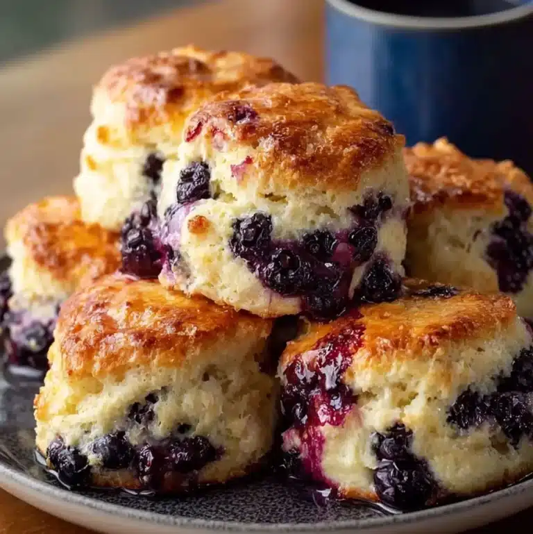 Fluffy homemade blueberry biscuits with golden tops and lemon glaze.