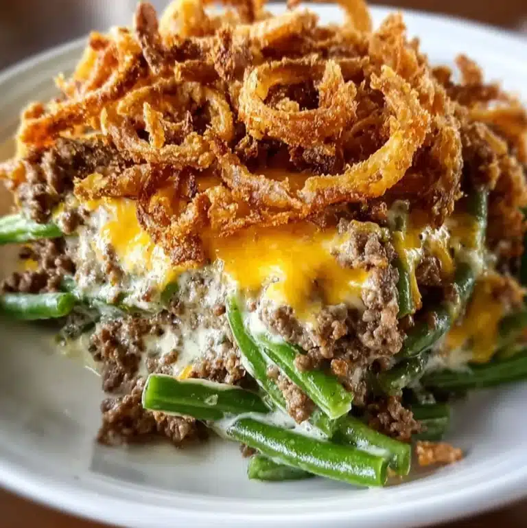 Green bean casserole with hamburger, cheddar cheese, and crispy fried onions