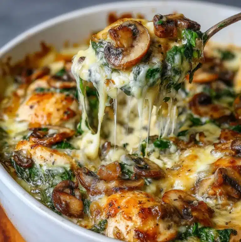 Cheesy chicken and spinach casserole with mushrooms baked in creamy sauce