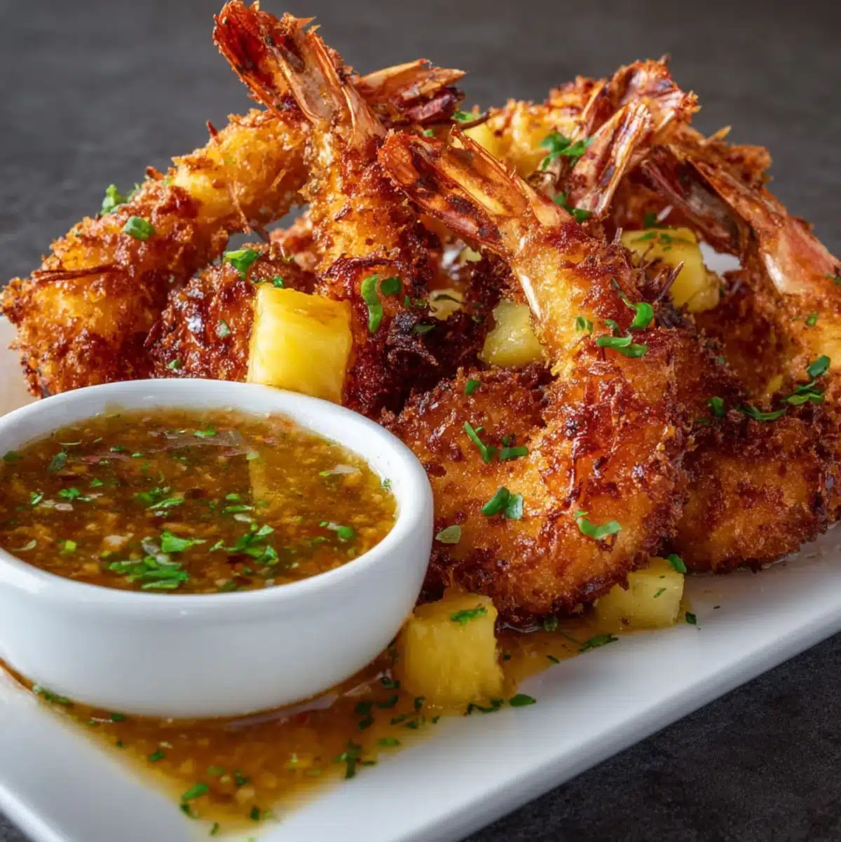 Golden fried coconut shrimp with fresh pineapple chunks and dipping sauce