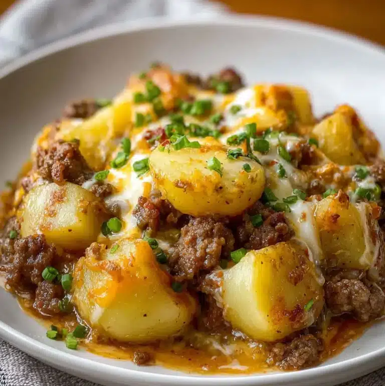 Crockpot hamburger potato casserole with ground beef, cheese, and tender potatoes
