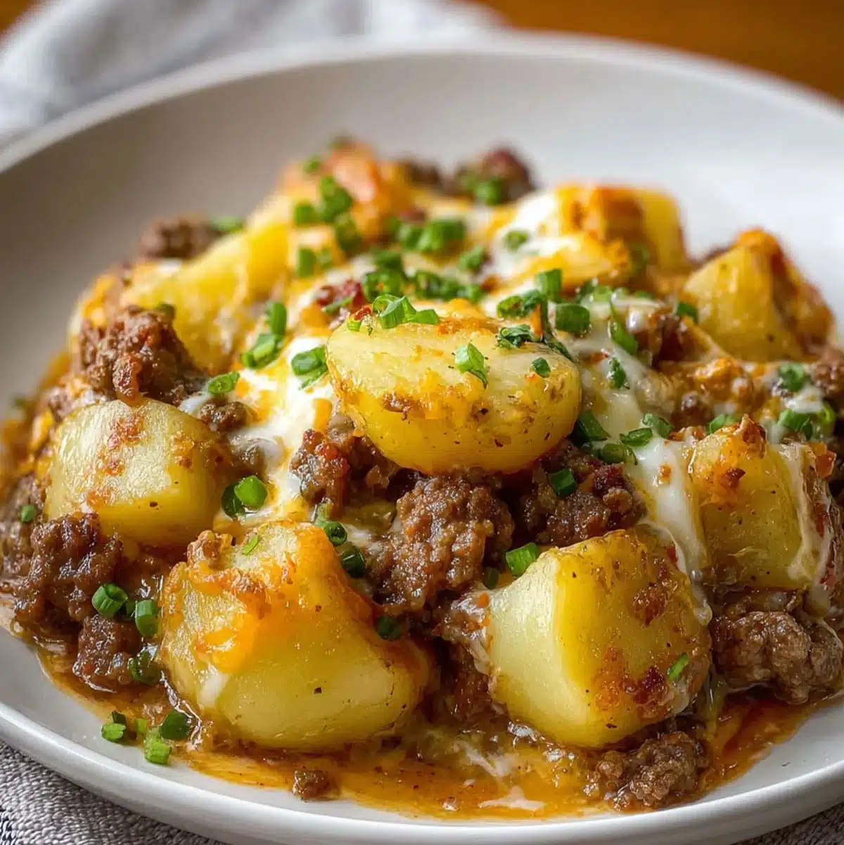 Crockpot hamburger potato casserole with ground beef, cheese, and tender potatoes