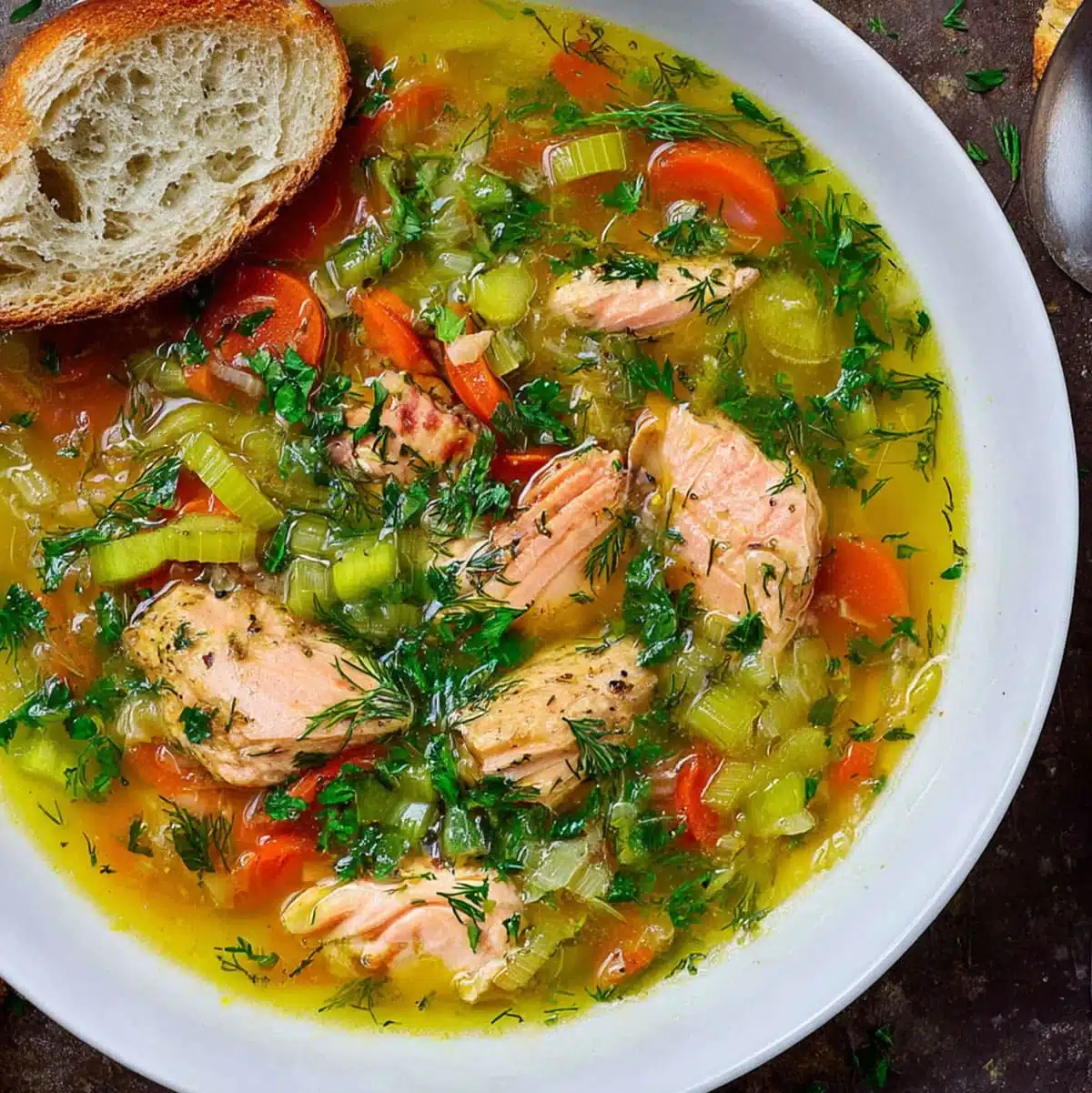 Bowl of healthy salmon soup with dill, carrots, and fresh herbs