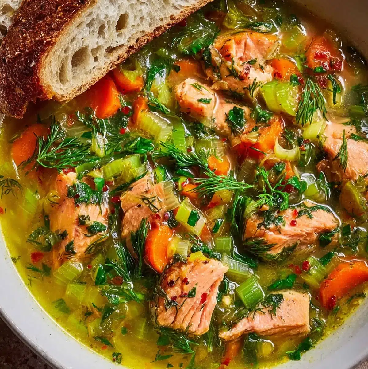 Easy salmon soup recipe with potatoes, carrots, and herbs