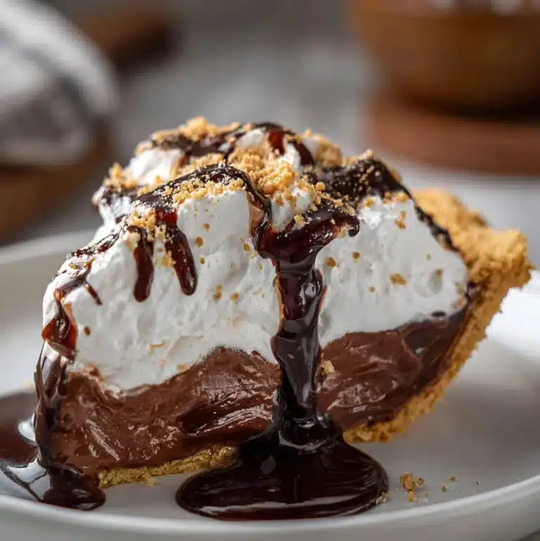 Homemade Hershey Pie with whipped topping, chocolate sauce, and cherry garnish