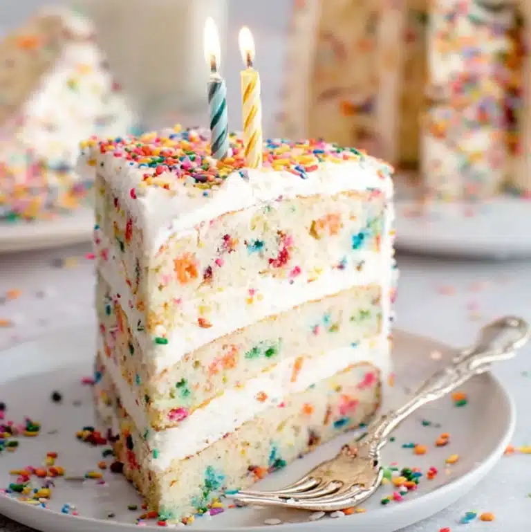 Homemade birthday cake slice with vanilla frosting and rainbow sprinkles