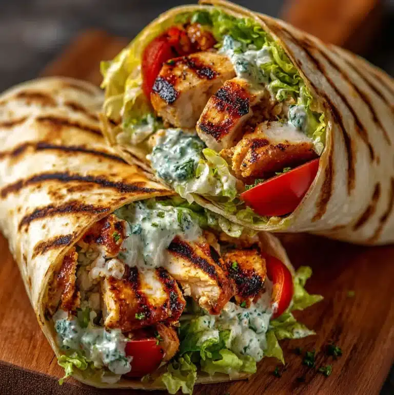 Chicken gyro wrap with grilled chicken, fresh vegetables, and tzatziki sauce