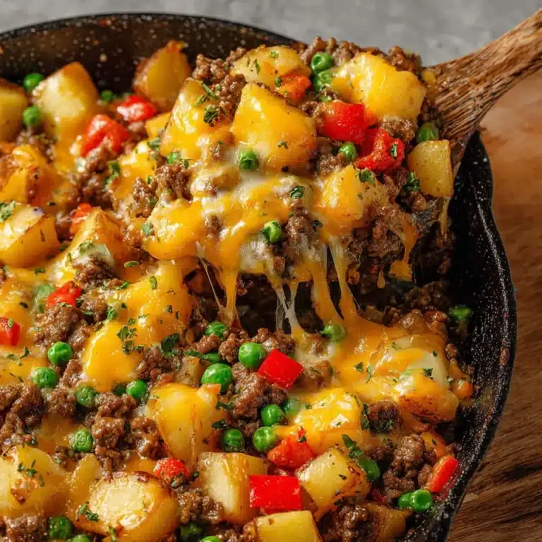 Cheesy potato skillet with ground beef, potatoes, and melted cheddar in cast iron pan.
