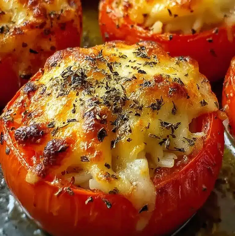 Cheesy baked stuffed tomatoes with golden melted mozzarella and herbs