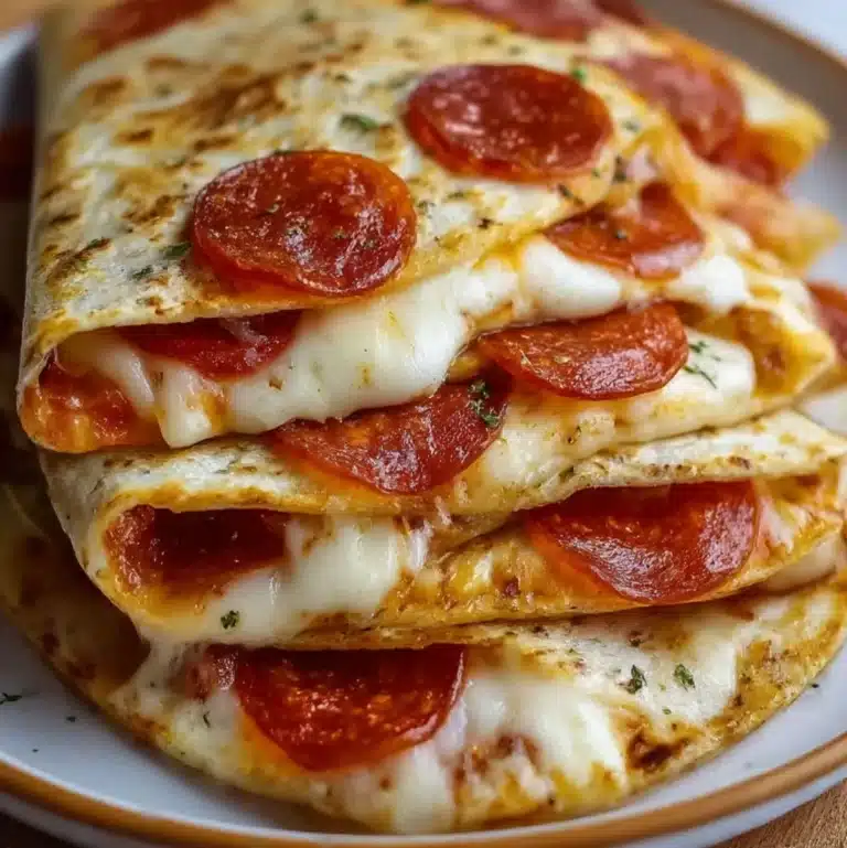 Layered pizza quesadillas with pepperoni and melted cheese, served fresh from the skillet.